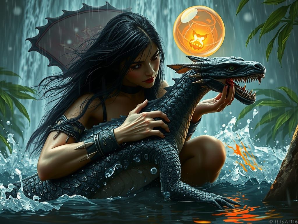 Gothic Pirate Woman with Dragon in Fantasy Jungle