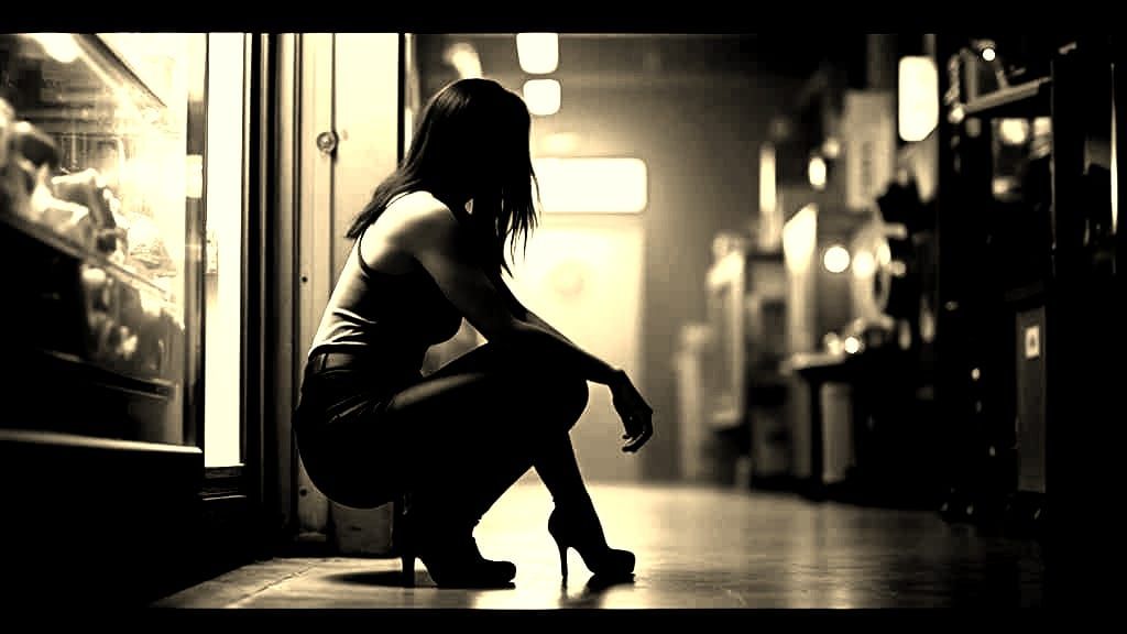 Woman in Shop Squatting: Cinematic Film Still