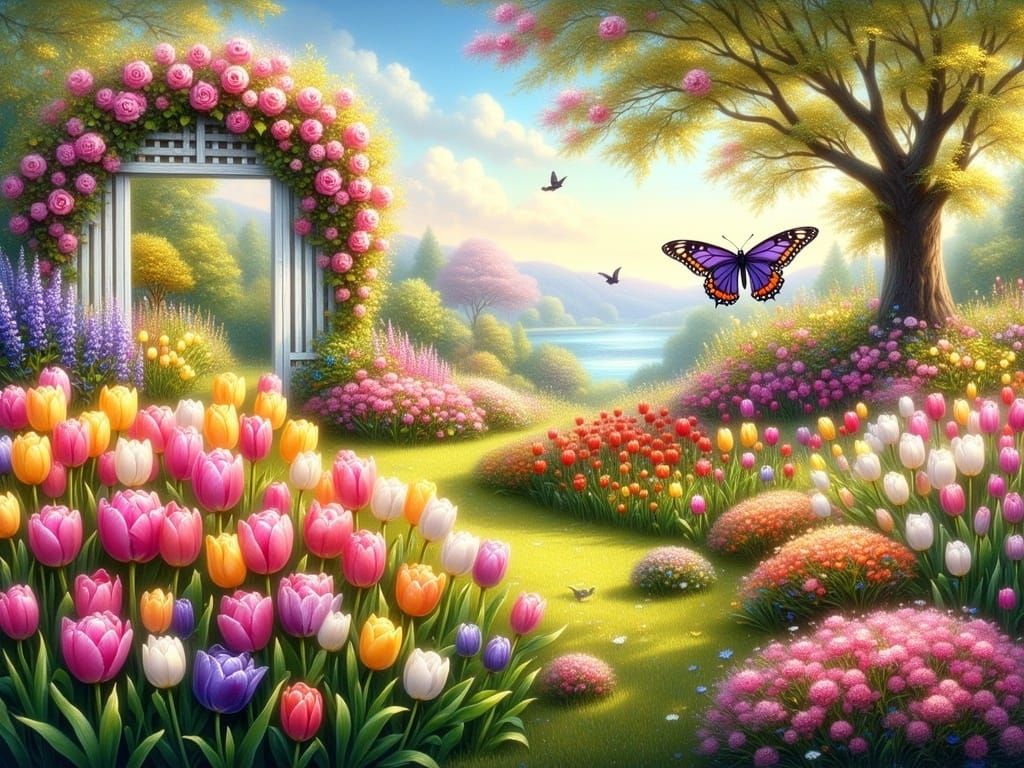 Vibrant Spring Garden Scene in Whimsical Fantasy Style
