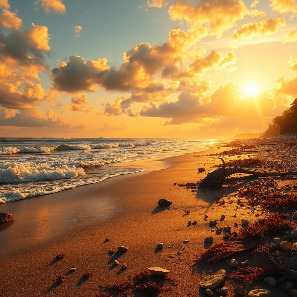 Sunset Beach Scene with Whimsical Touches