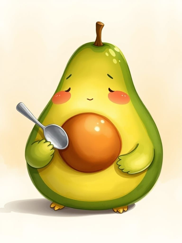 Chubby Avocado Cartoon Character with Spoon