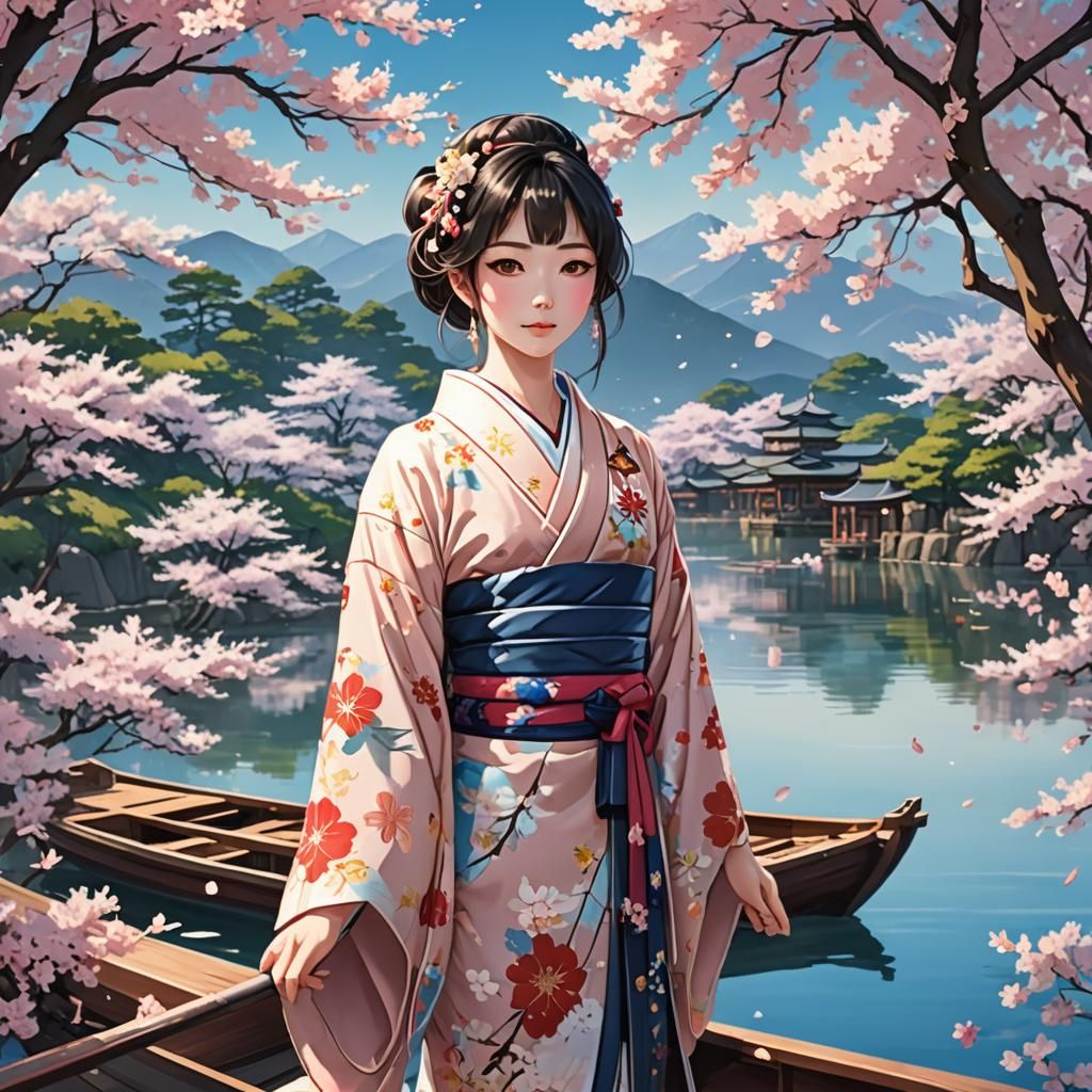 Woman in Kimono at Japanese Festival, Anime Style
