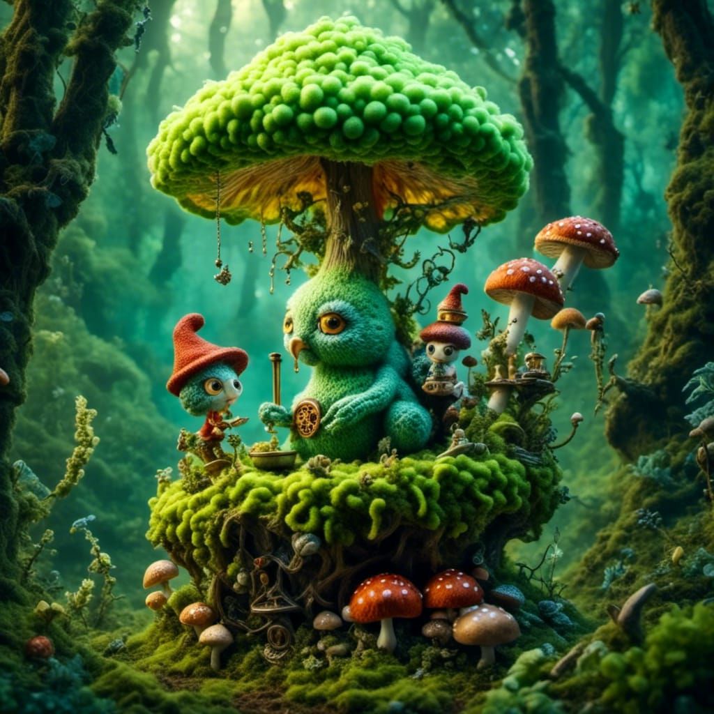 Whimsical Forest Scene: Worm Smoking Bong on Mushroom