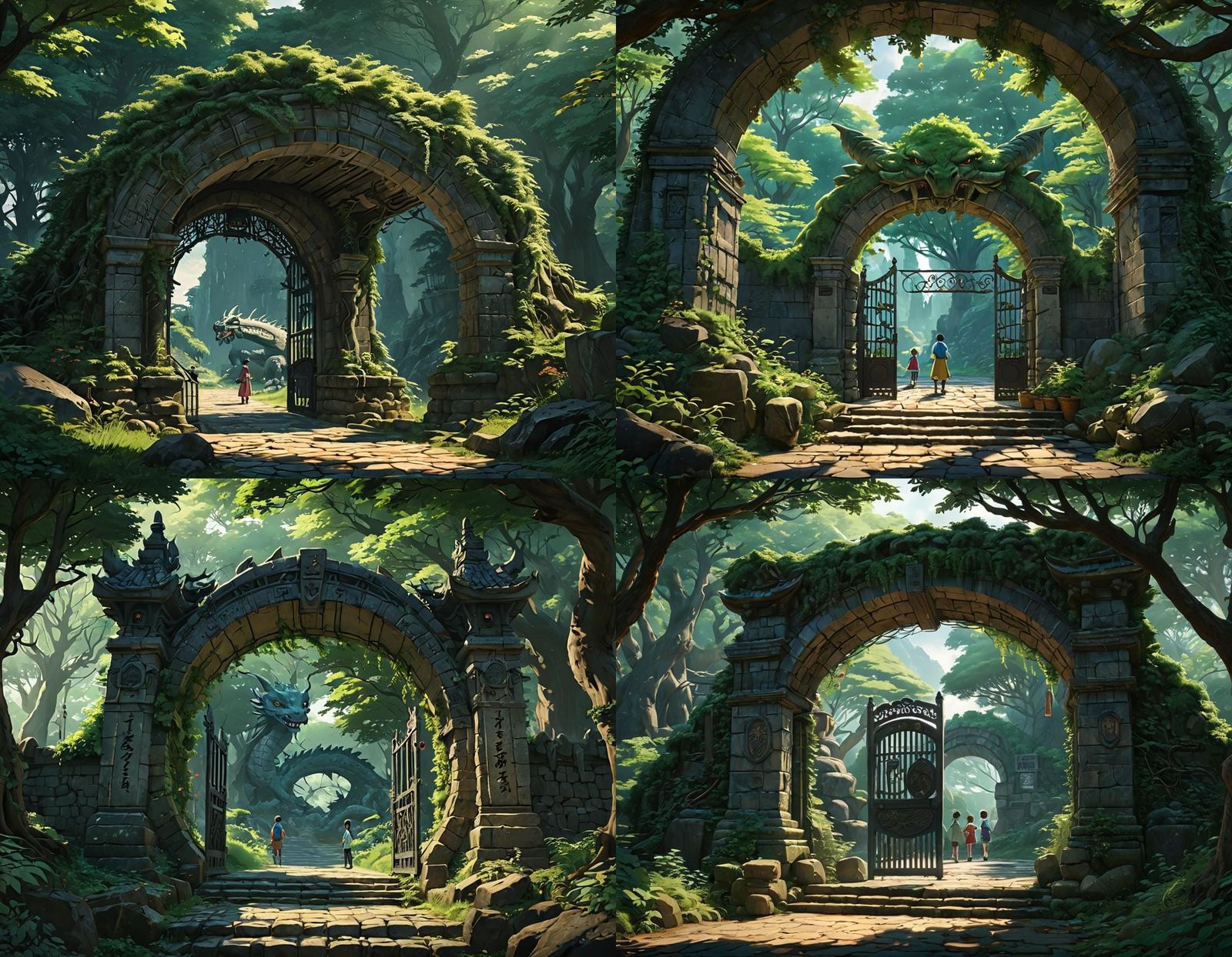 Stone Portal with Dragons in Studio Ghibli Style