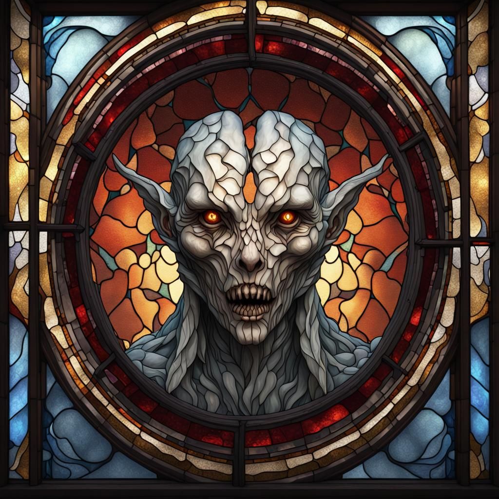 Stained Glass Window Depicting a Scary Humanoid Creature