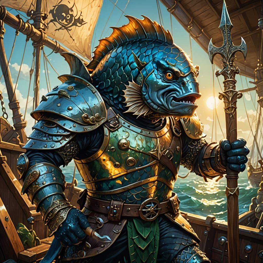 Fish Barbarian on Pirate Ship, Fantasy Illustration
