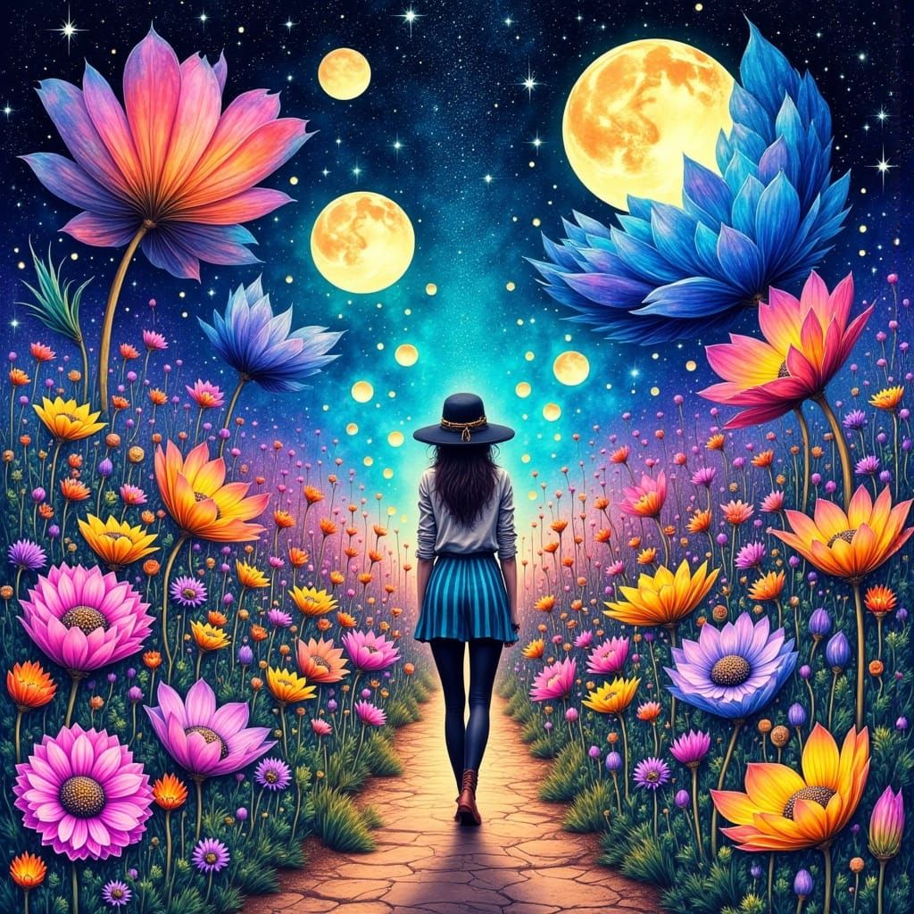 <lora:Abstract Reality:1.0> Surreal dreamscape with oversized colorful flowers blooming under alien moons and stars, whi...
