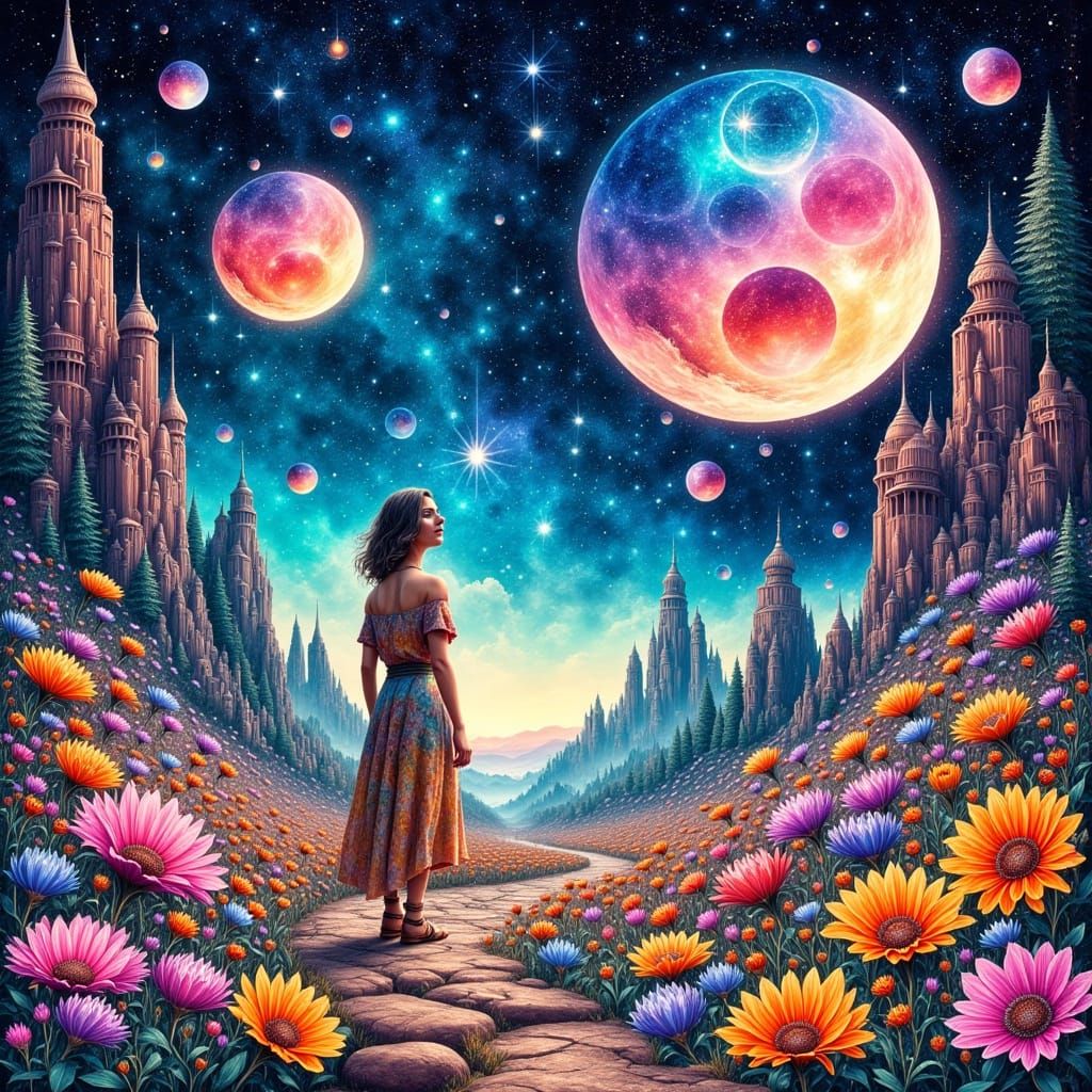 <lora:Abstract Reality:1.0> Surreal dreamscape with oversized colorful flowers blooming under alien moons and stars, whi...