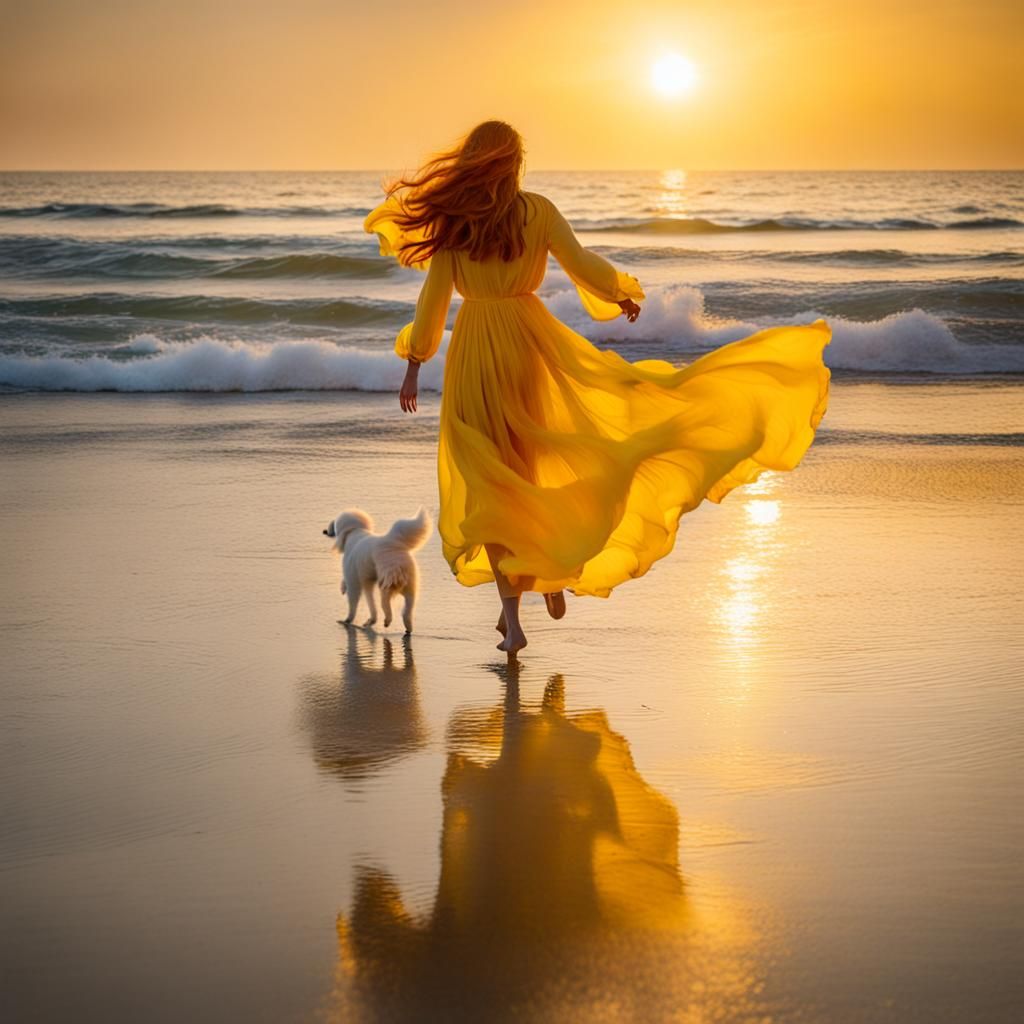 Woman in Yellow Dress on Beach at Sunrise