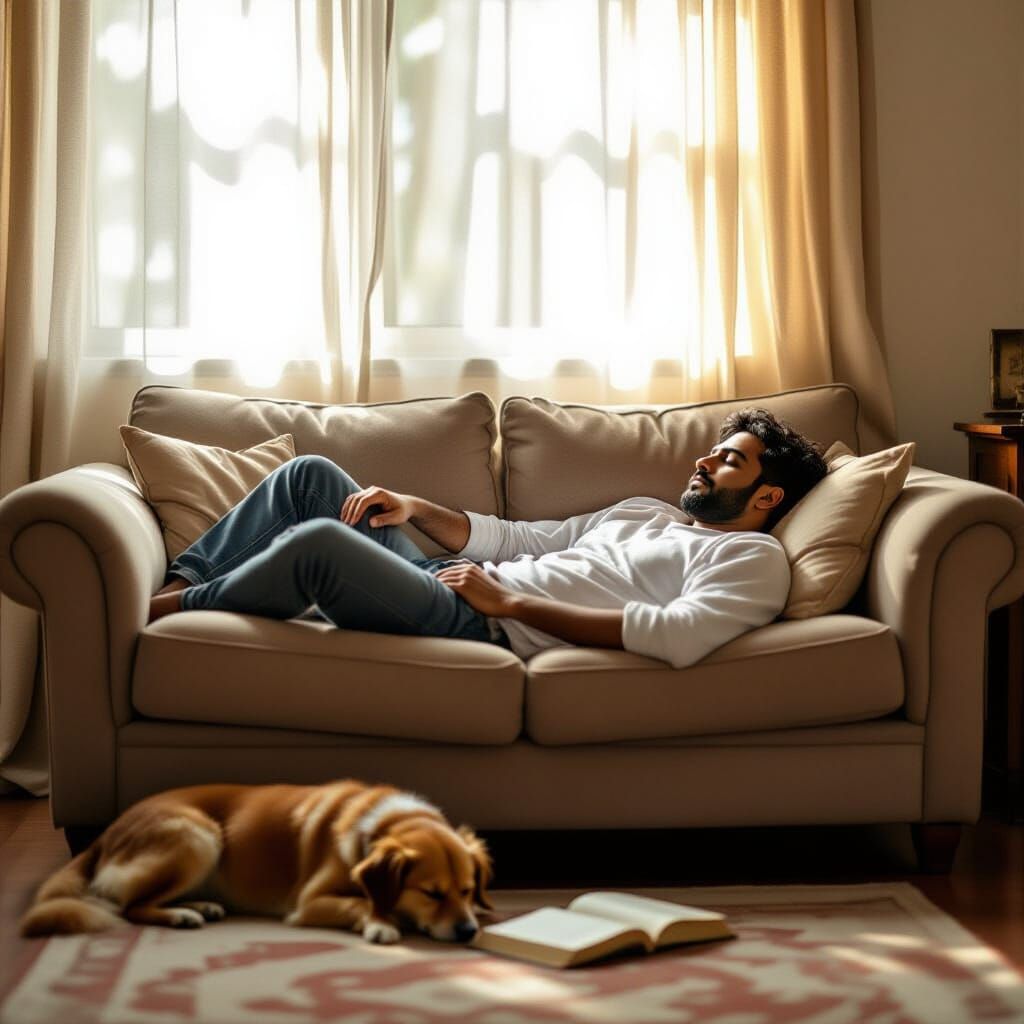 Man Napping on Sofa with Dog in Soft Sunlight