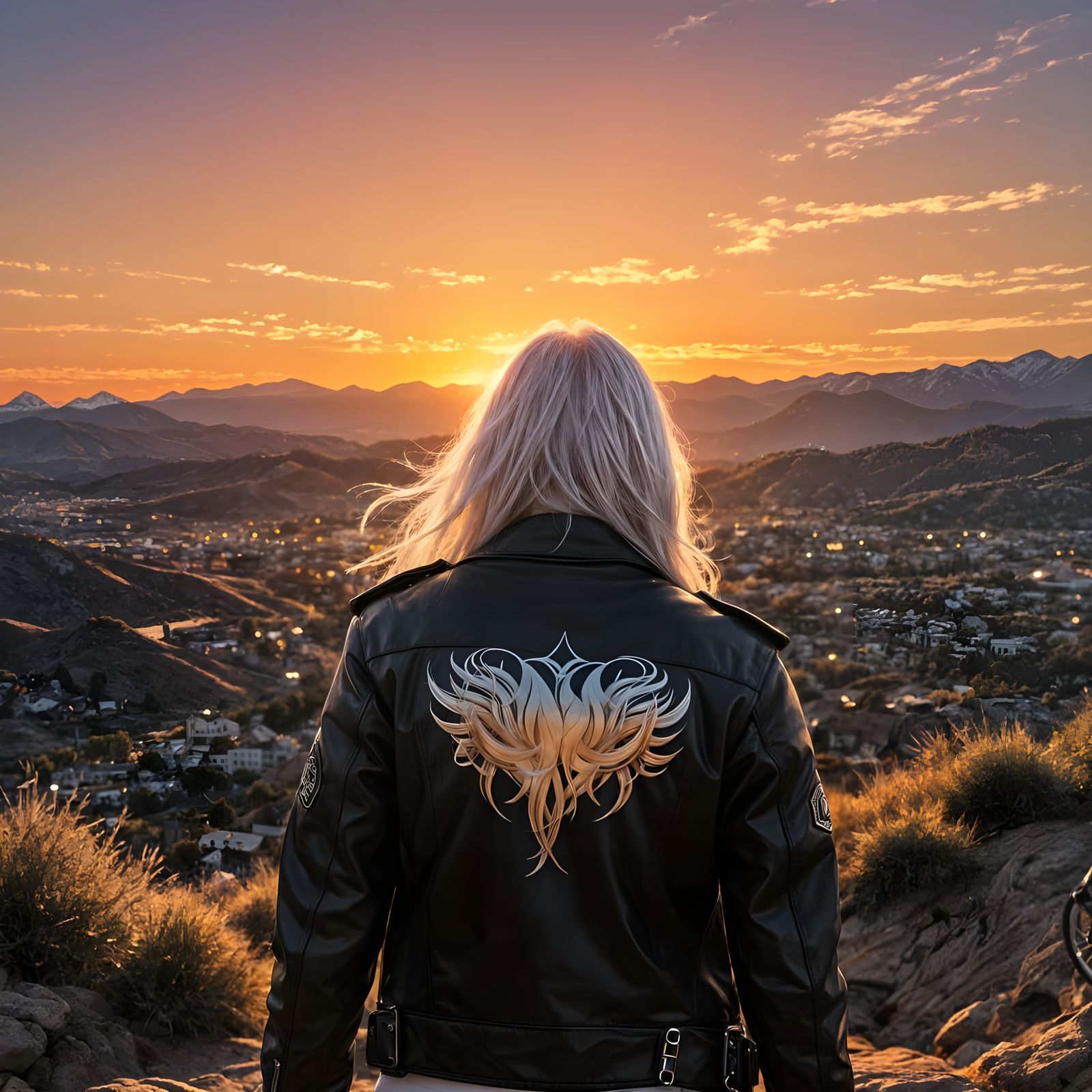 Girl with Biker Jacket at Sunset