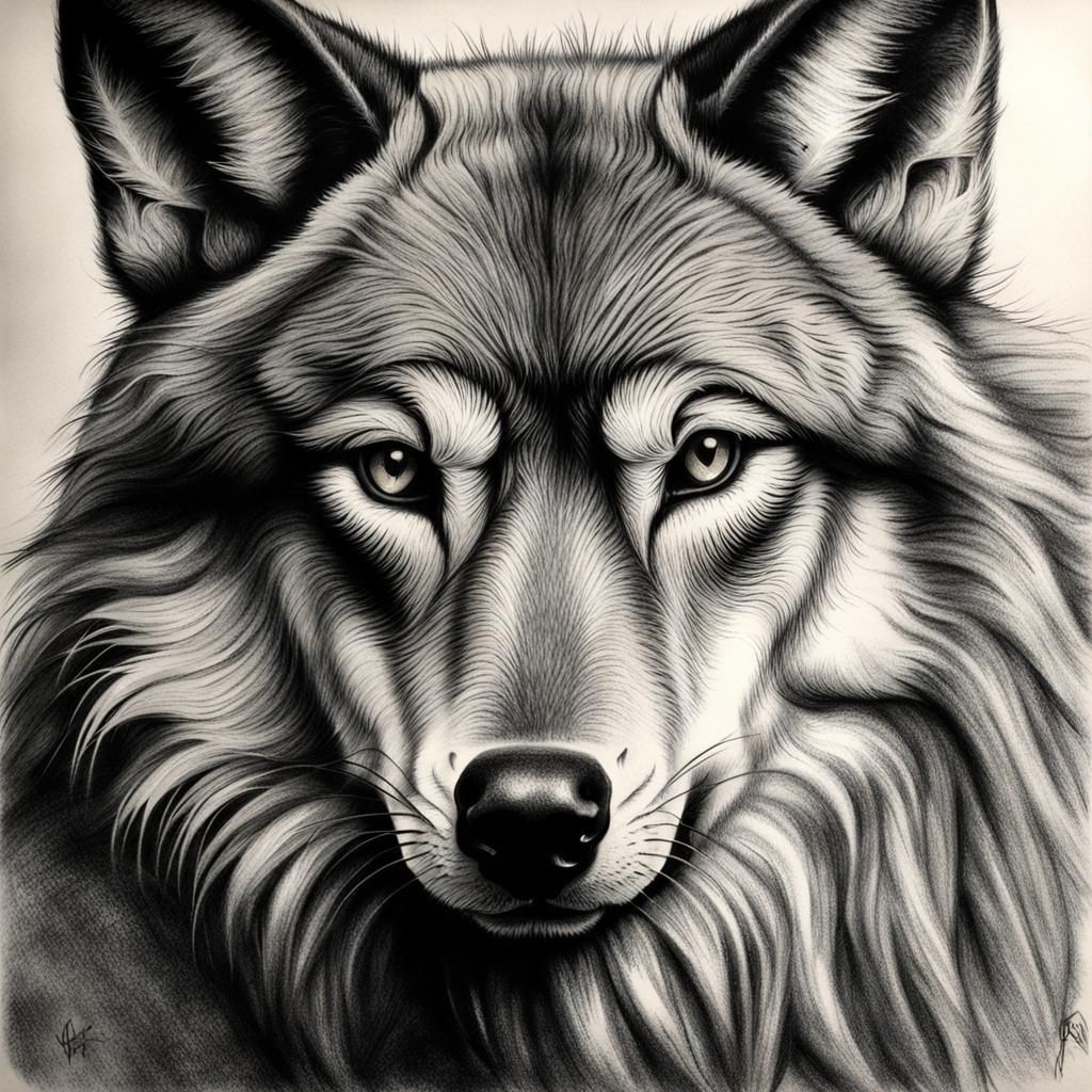 Hyperdetailed Charcoal Drawing of Easter Wolf