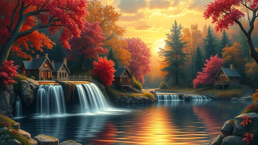 Autumnal Waterfall Scene with Fantasy Houses