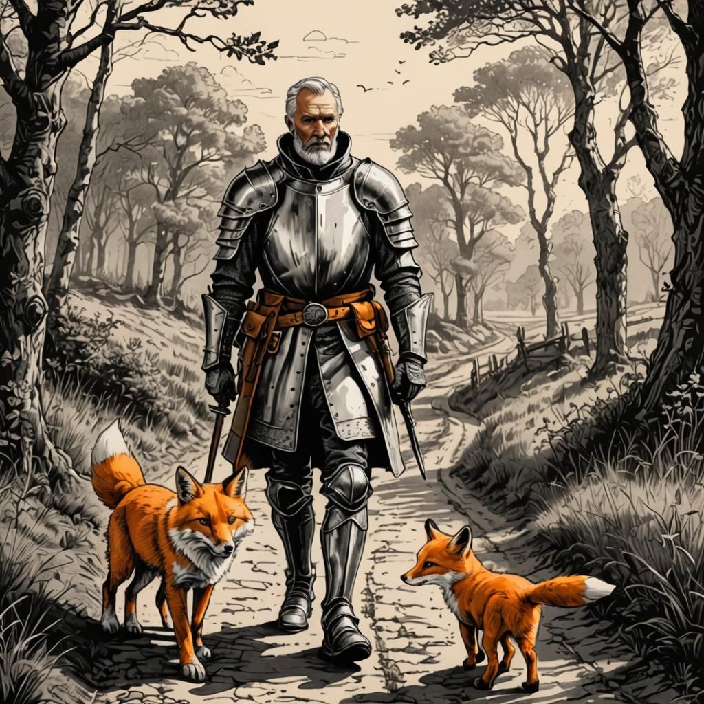 Knight and Fox Companion in Inked Line Drawing