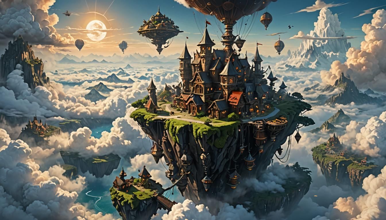 Steampunk Flying Island with Dwarven Village
