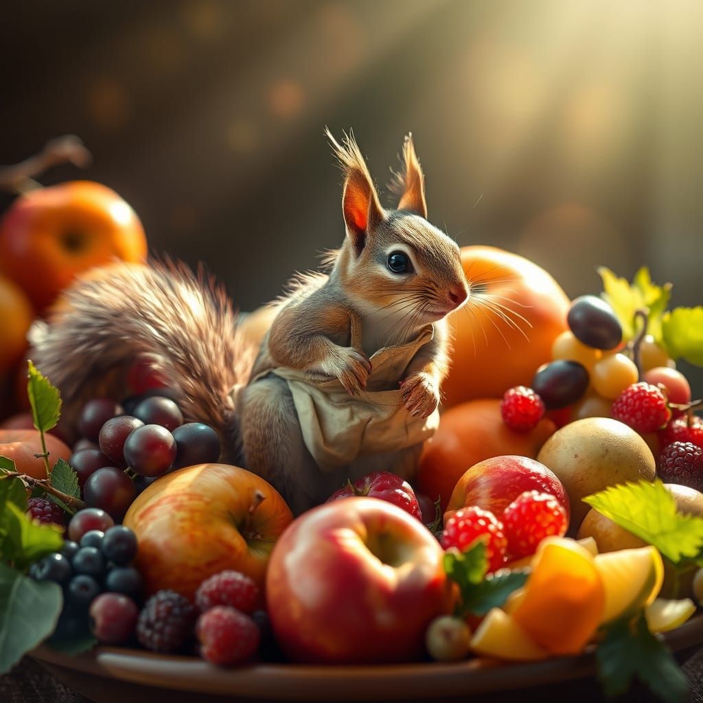 Squirrel Chef in Fruit Bowl, Dreamy Art Style