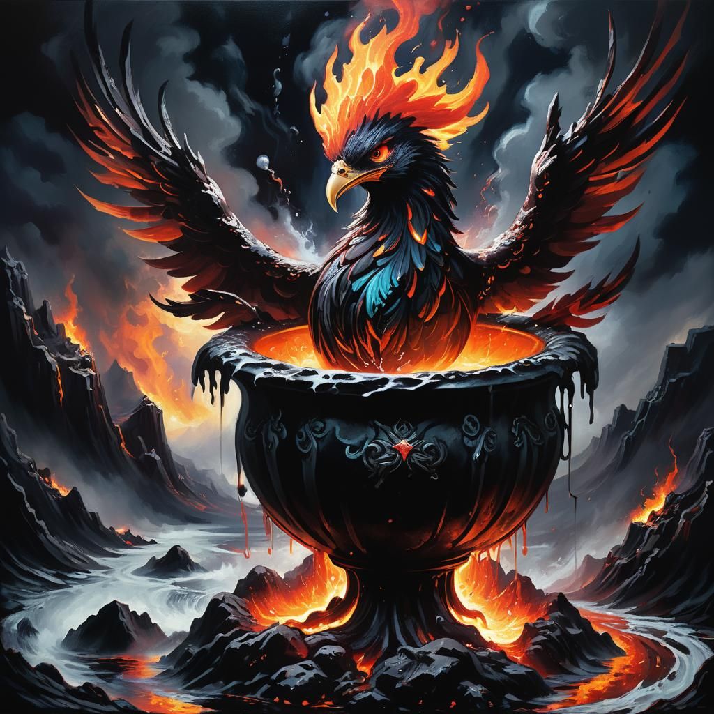 Gothic Phoenix Rising from Lava Cauldron