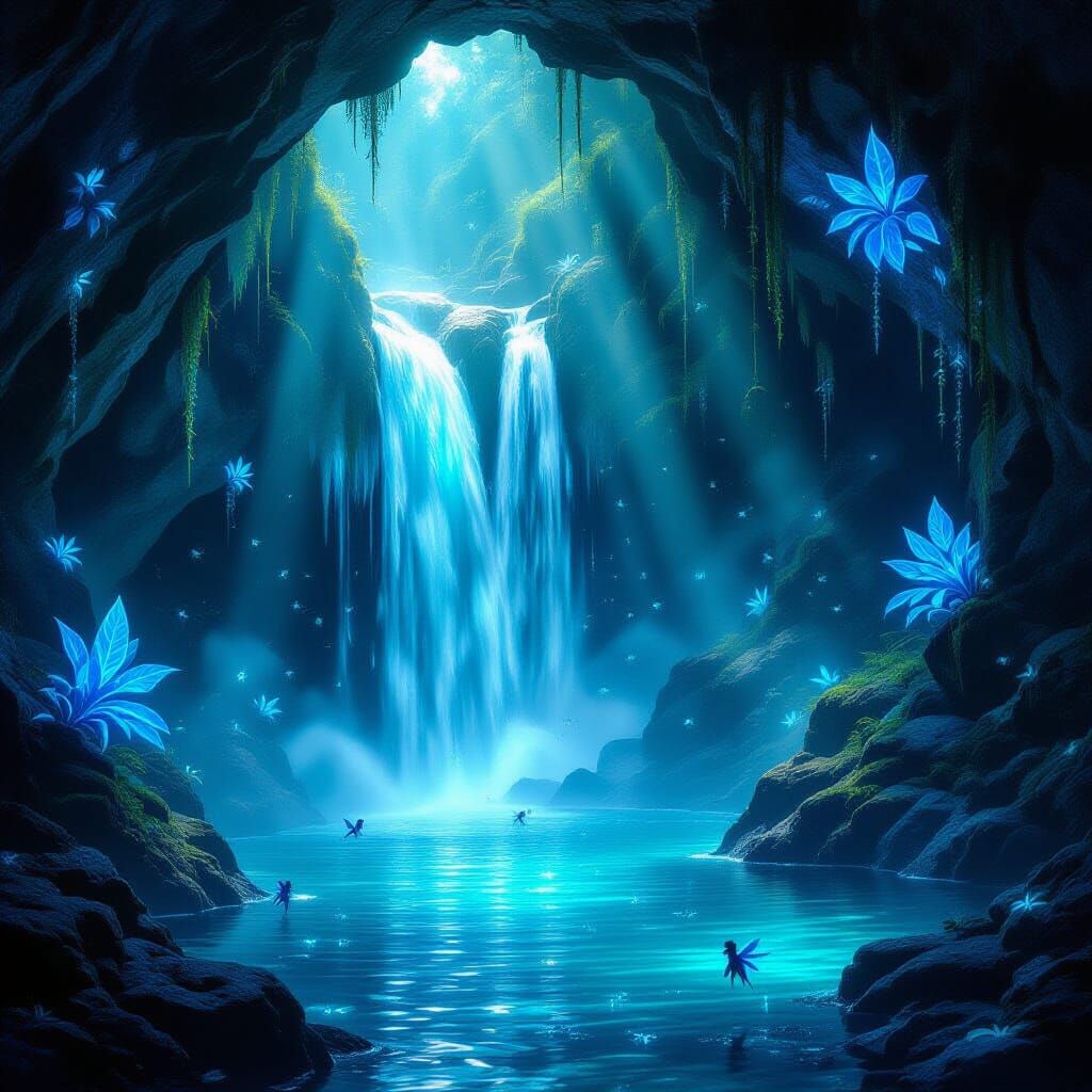 Bioluminescent Grotto Waterfall with Glowing Flora