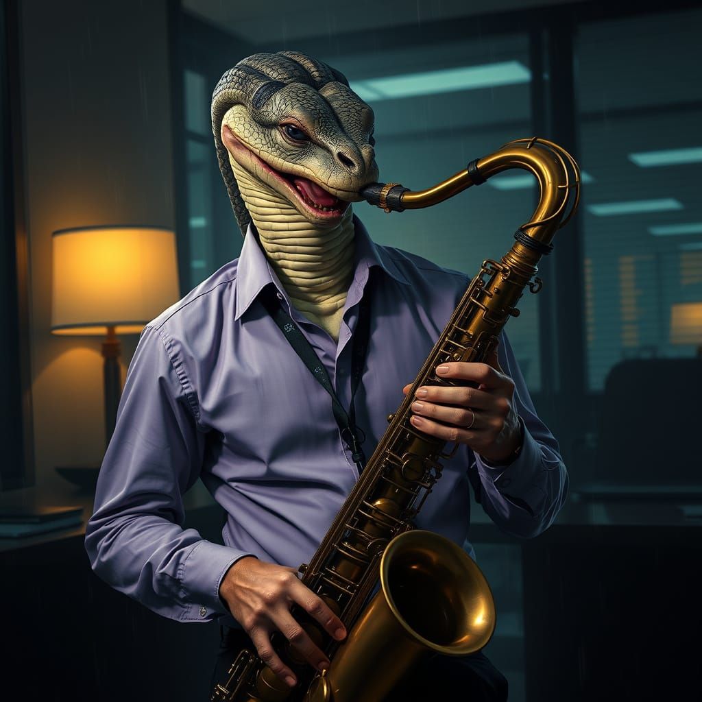 Beautiful Snake-Man Plays Saxophone in Moody Office