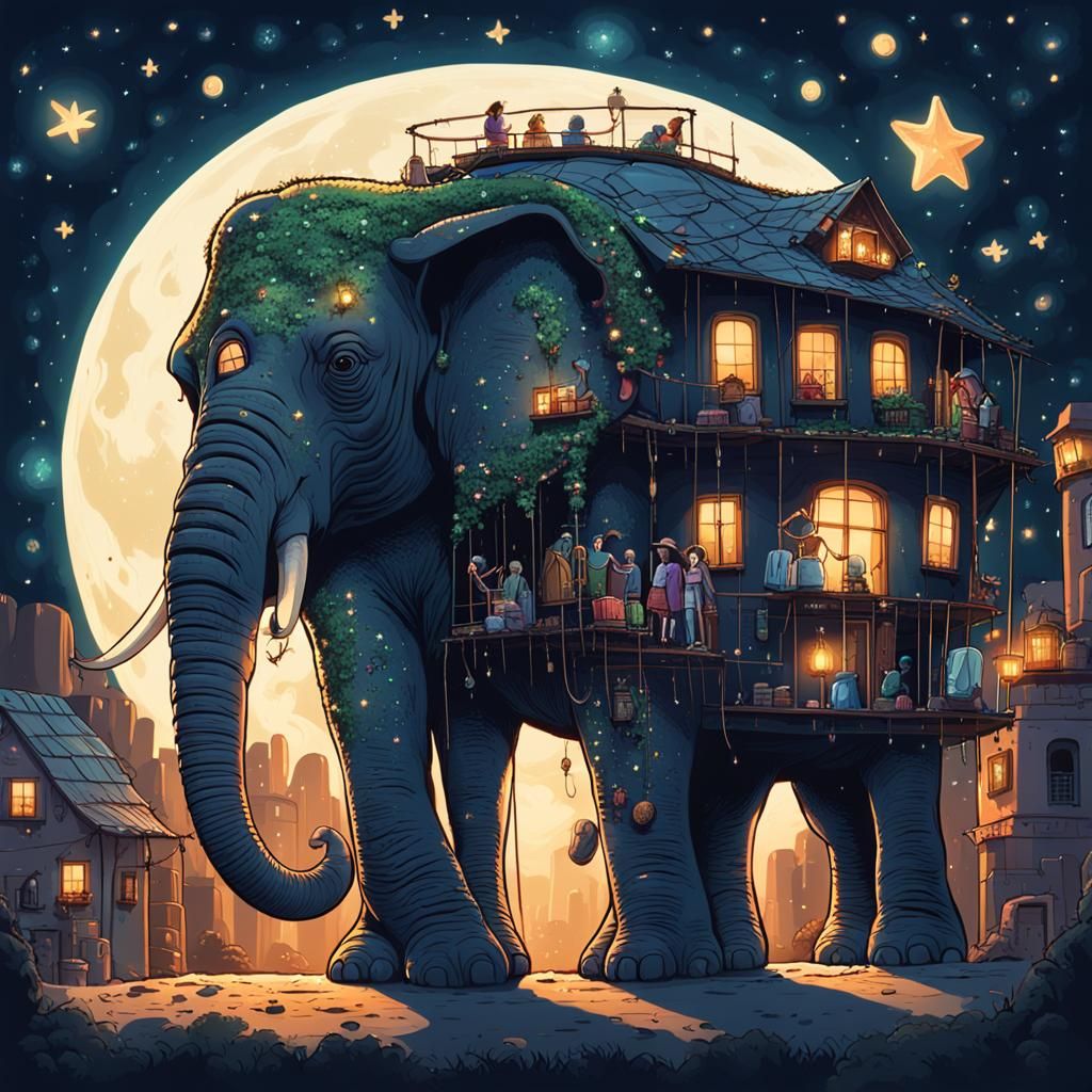 Elephant Carrying Slums House at Night