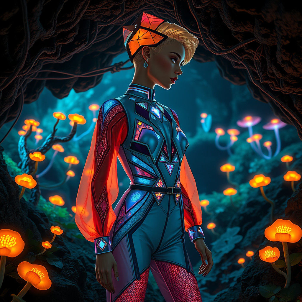 Bioluminescent Bauhaus Jumpsuit in Subterranean World