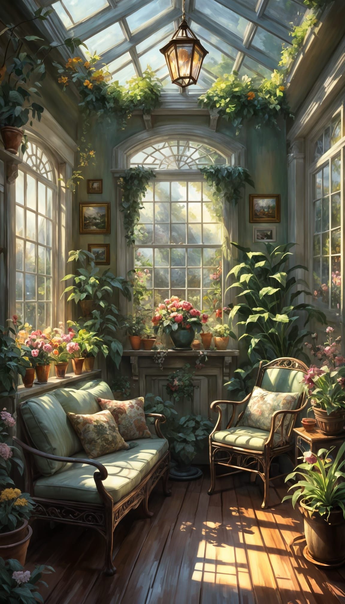 Cozy Cottage Sunroom Oil Painting with Flowers