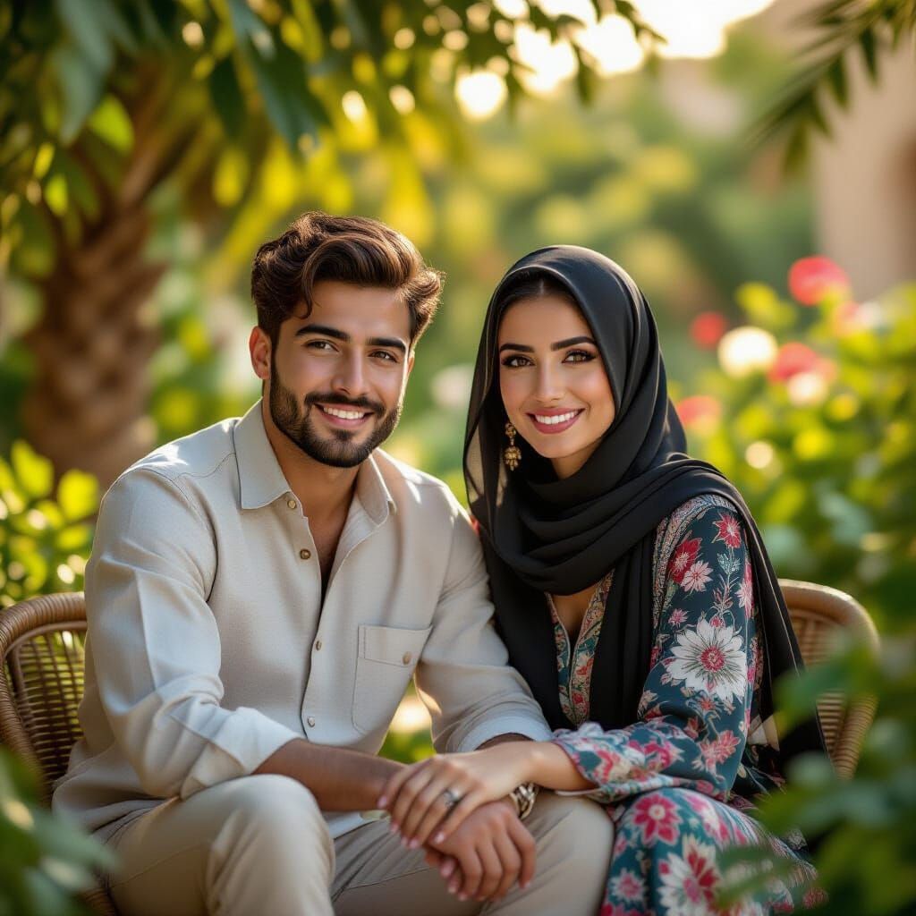 Man and Woman in Lush Garden in Arabic Village