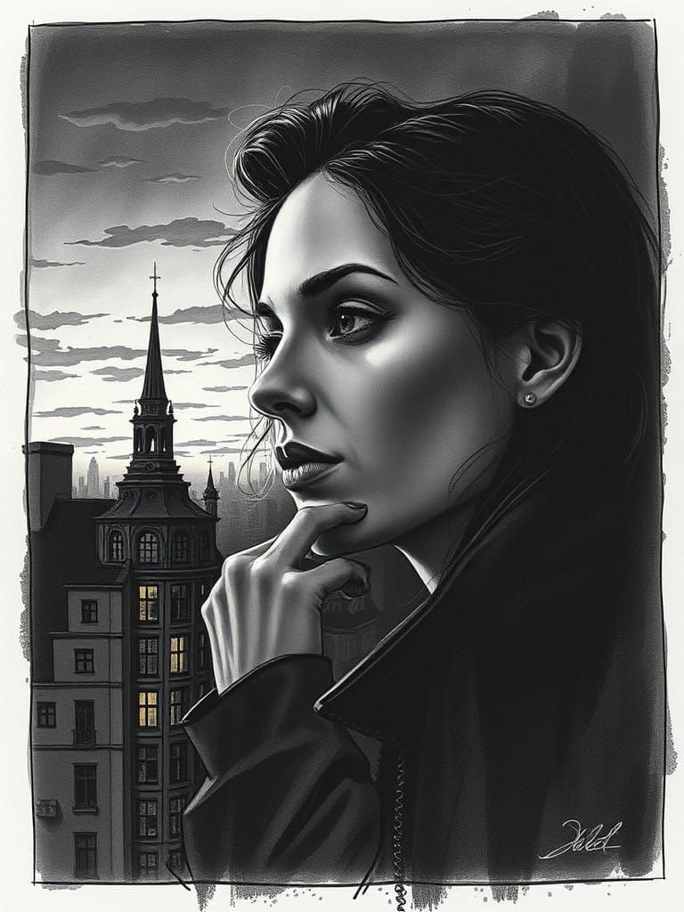 Enigmatic Woman in Shadowy Cityscape