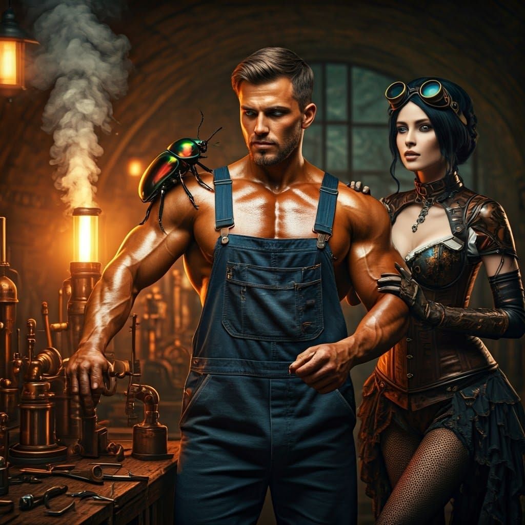 Rugged Inventor in Steampunk Workshop Scene