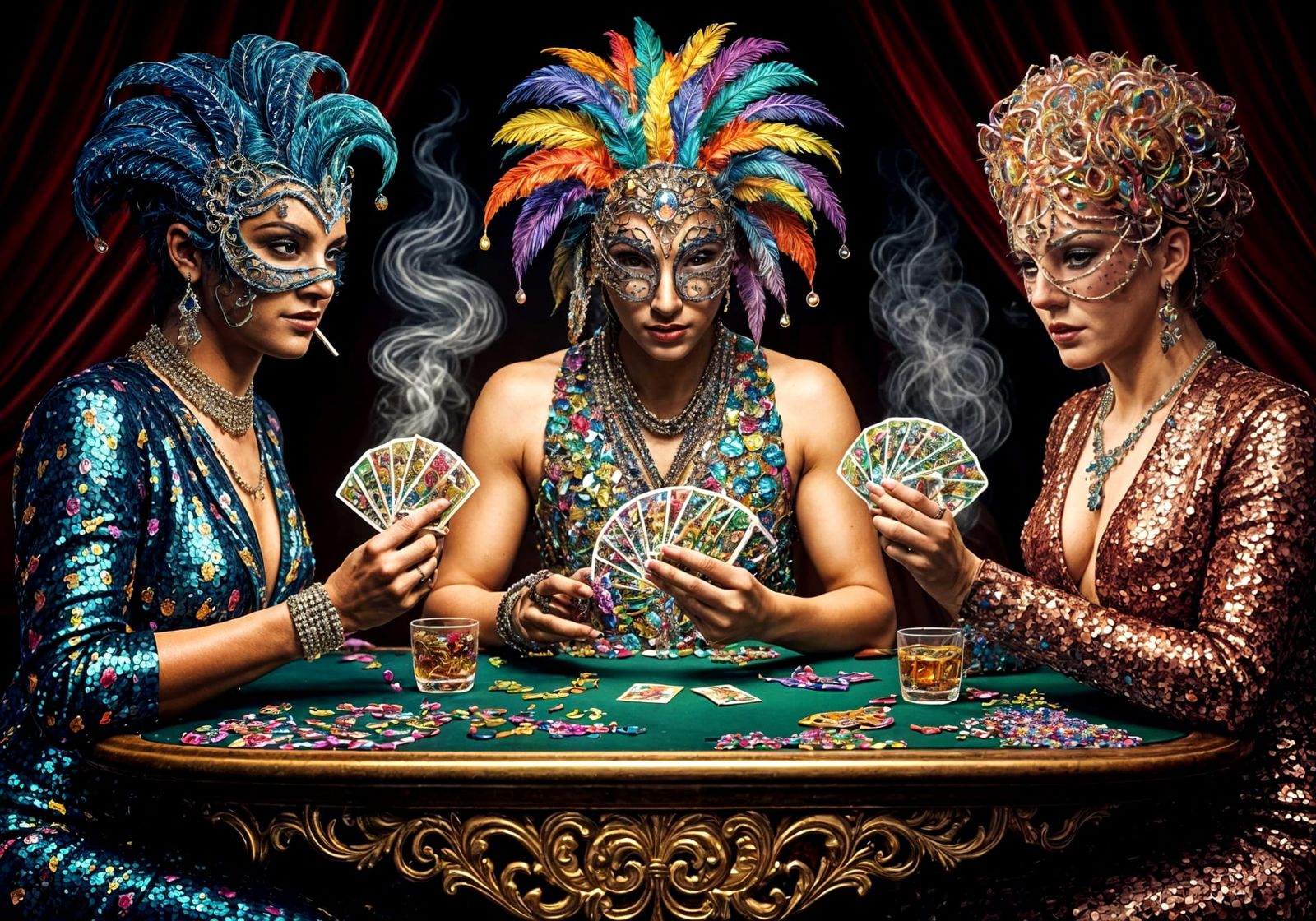 Glamorous Figures in Sequined Gowns Gather Around a Velvet P...