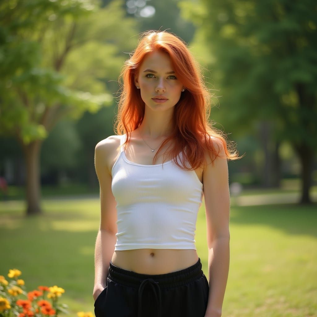 Red-Haired Woman in Sunlit Park: Hyperrealistic Portrait