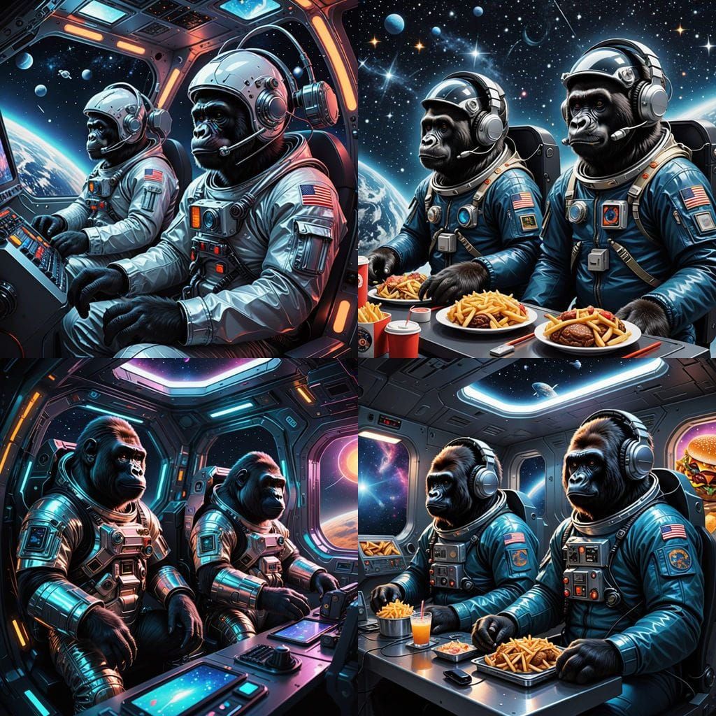 Gorillas in Space Suits Enjoying Music