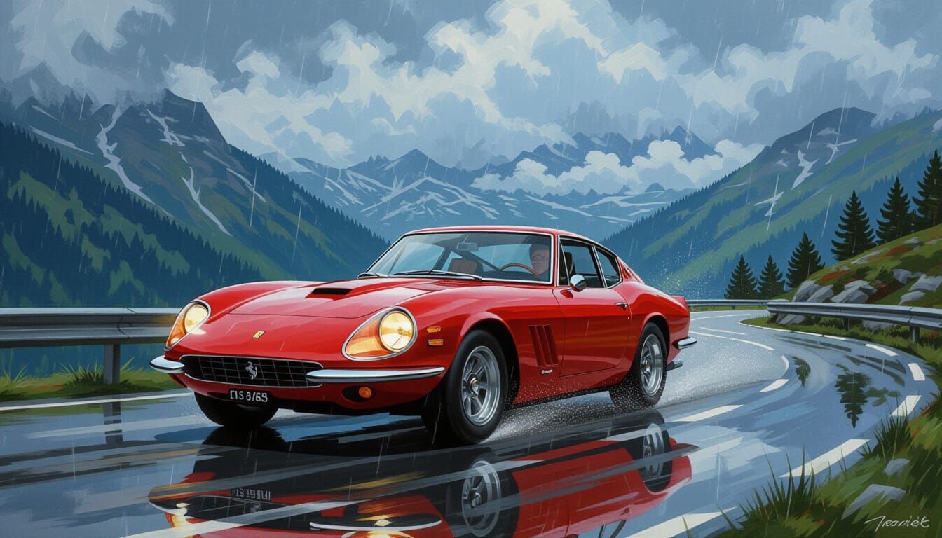 Retro Italian Sports Car Painting in Misty Dolomites