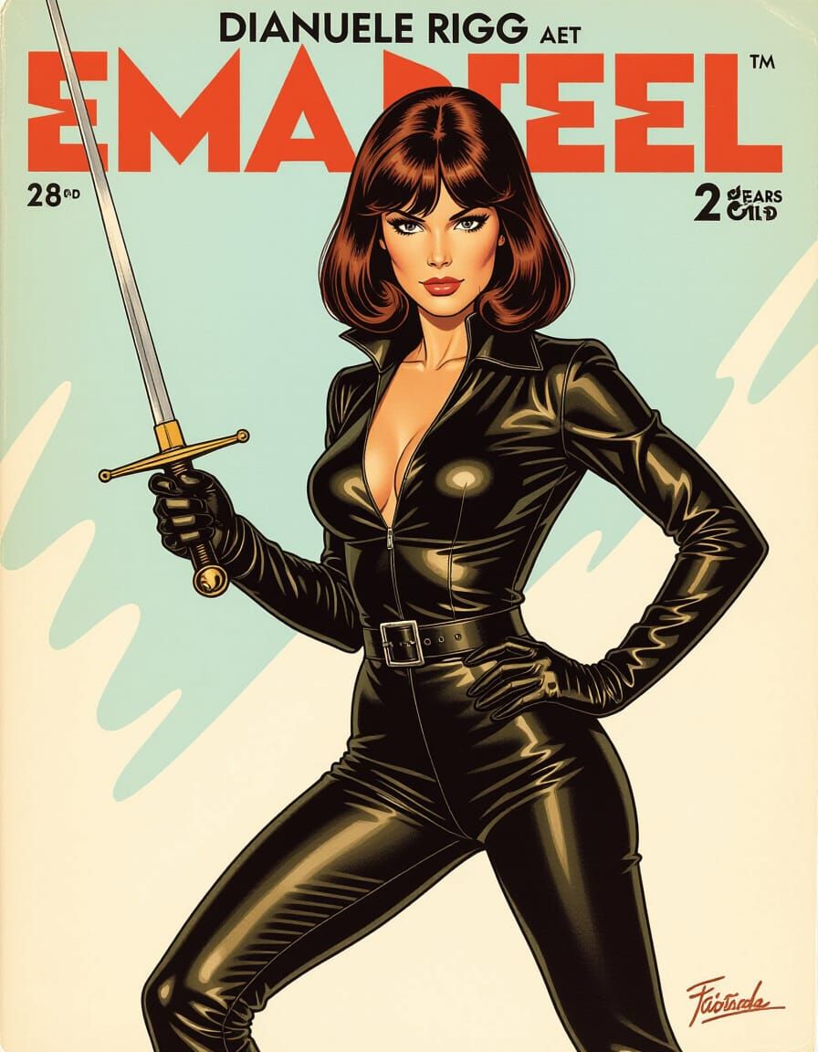 Emma Peel in Leather Catsuit with Sabre, Fumetti Style