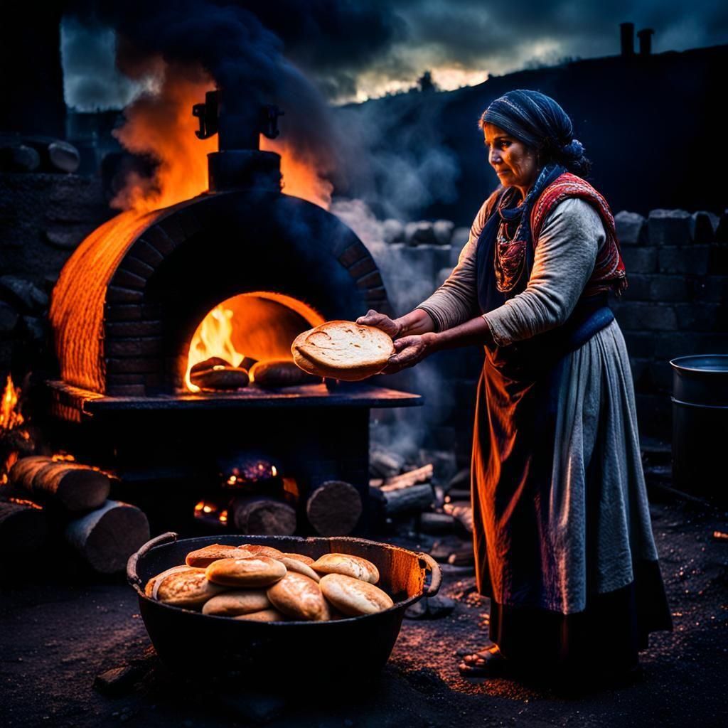 Dramatic Image of Roma Woman Baking Bread