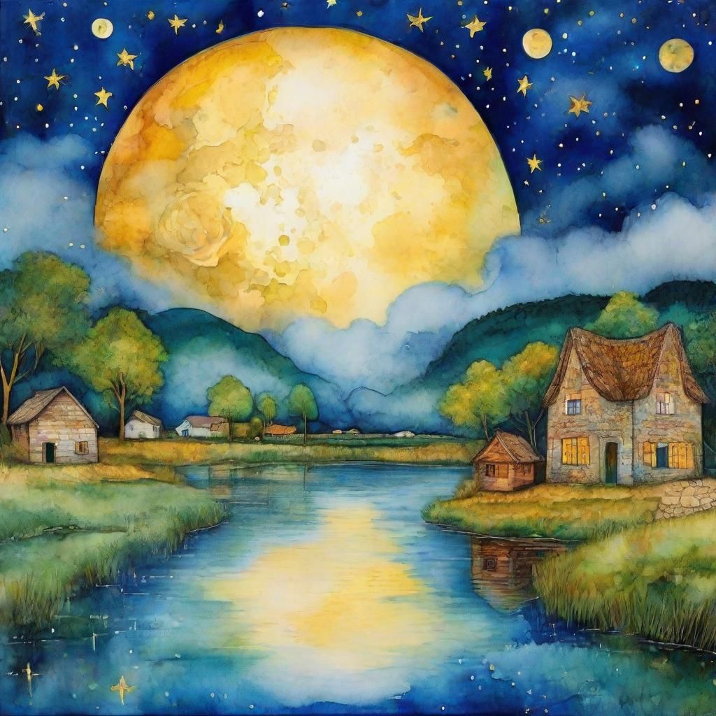 Surreal Moonlit Village in Watercolor Style
