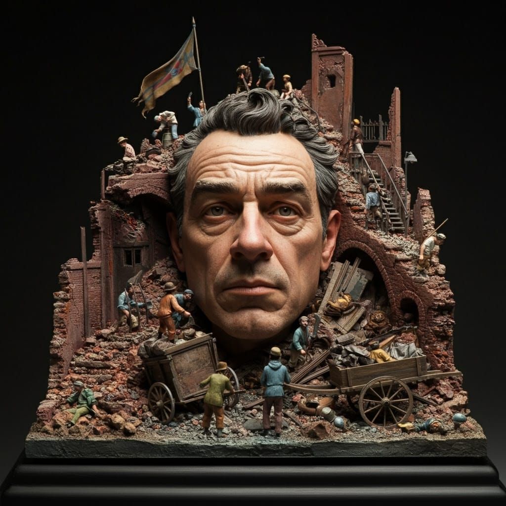 Surreal Figure Emerges from Ruins in Intricate Cityscape