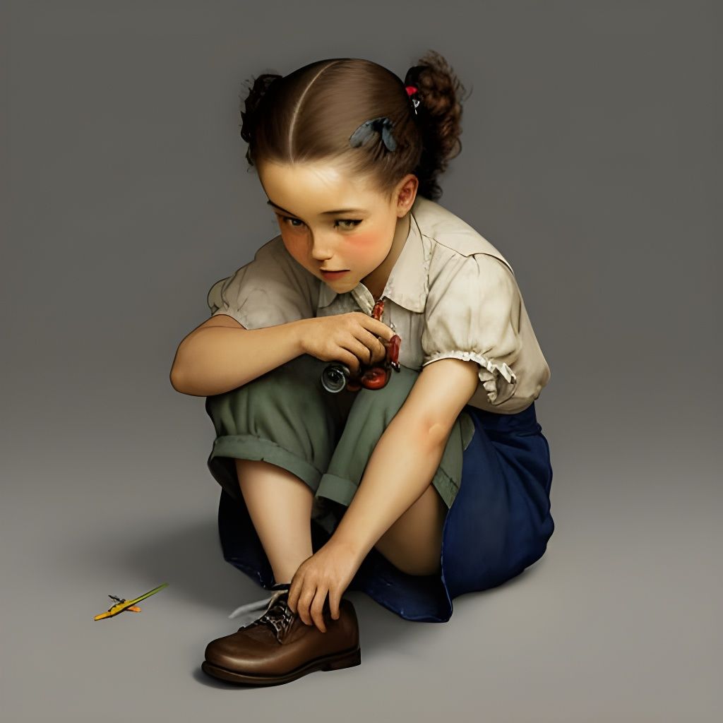 A little girl sitting down after playing, tying her shoe. Al...