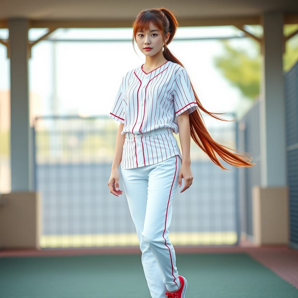 Japanese Girl in Baseball Uniform with Deep Red Hair