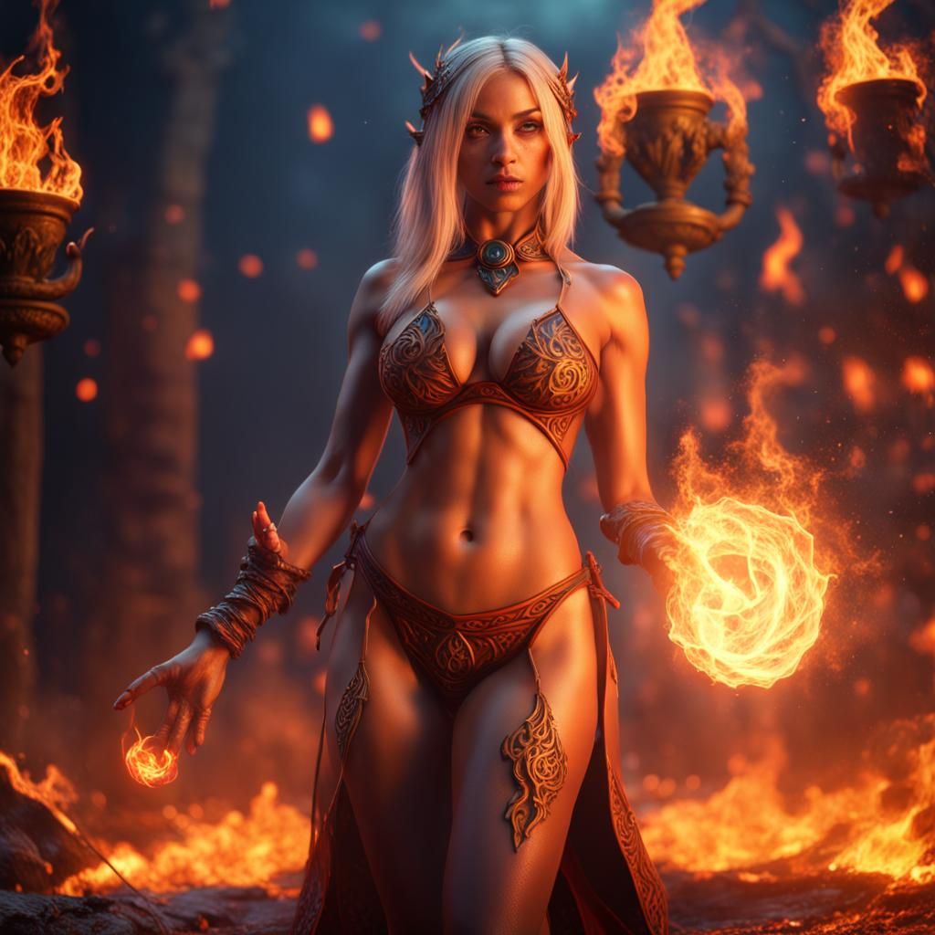 Fire mage in bikini casting spell