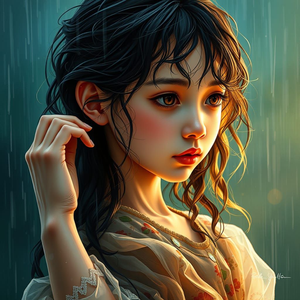Enchanting Rainy Day Portrait in Art Nouveau Style
