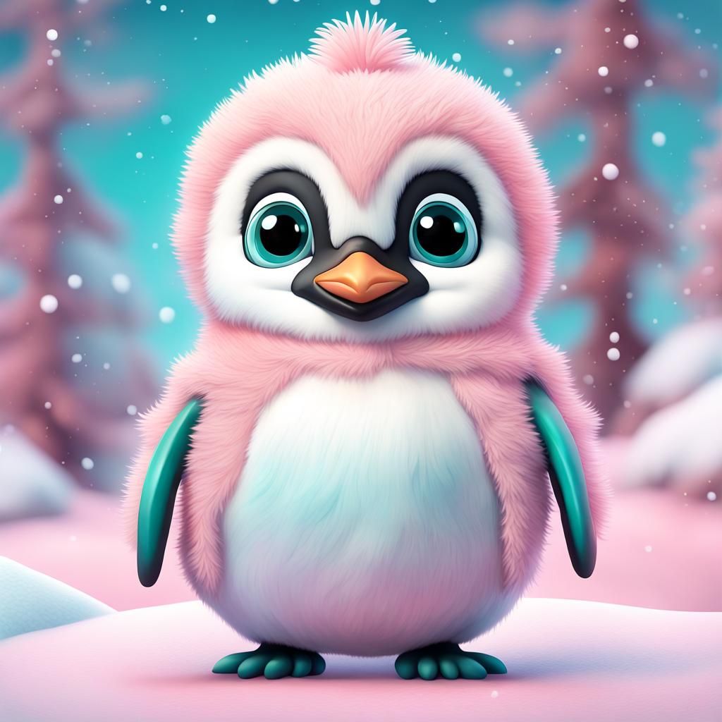 Pastel Pink Chibi Penguin in Winter Wonderland