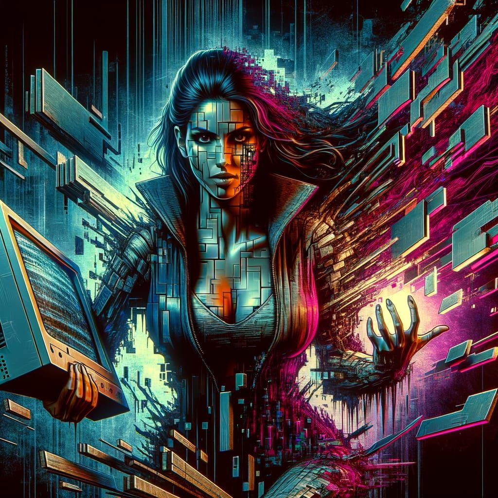 Cyberpunk Glitch Woman Emerges from Broken Monitor