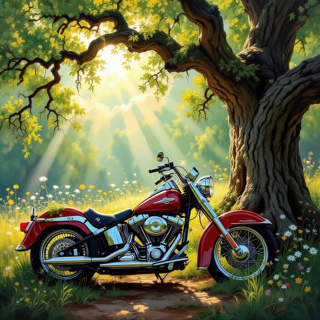 Moss-Covered Motorcycle and Ancient Oak in Sunlit Forest Cle...