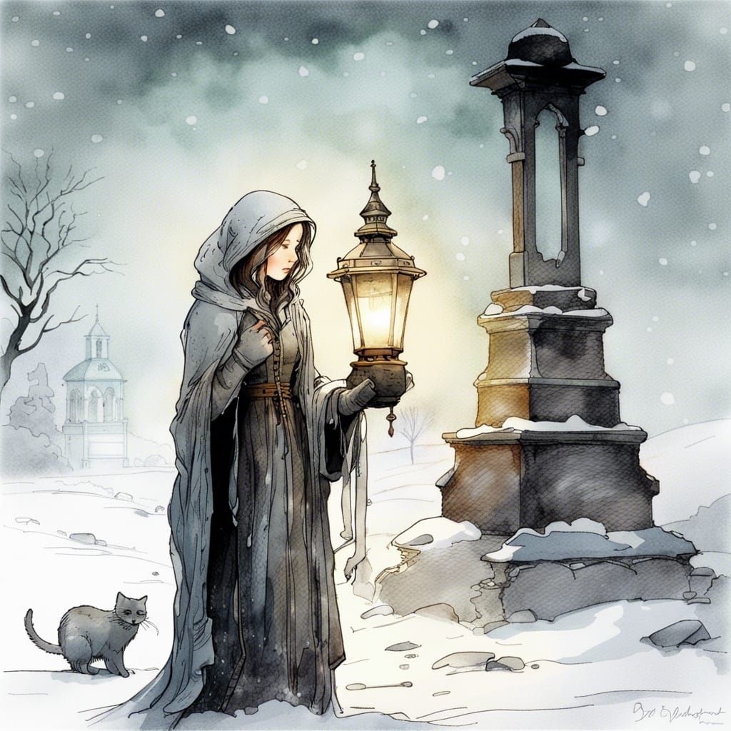 Snowy Monastery Scene with Girl and Cat