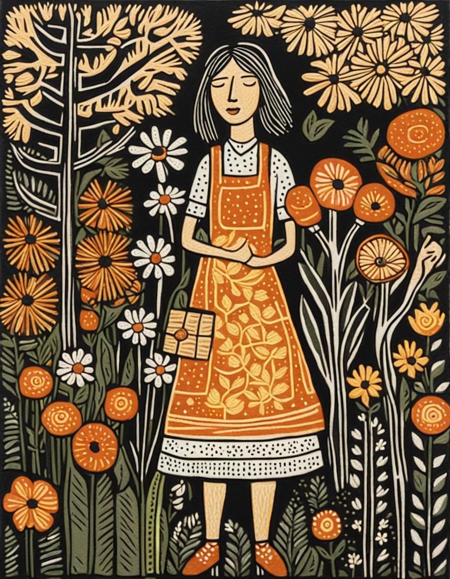 Woman in Garden Linocut Folk Art Style