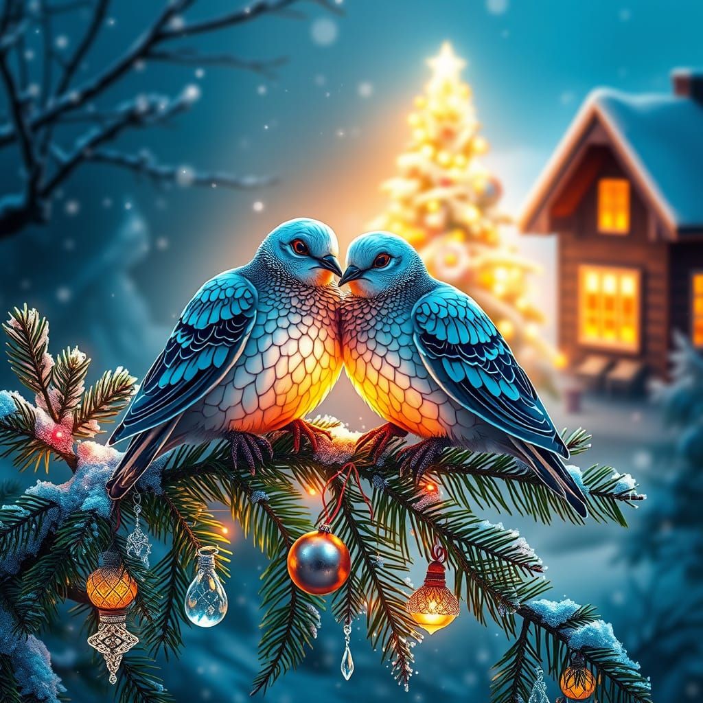 Ethereal Turtle Doves in Neon Graffiti Winter Wonderland