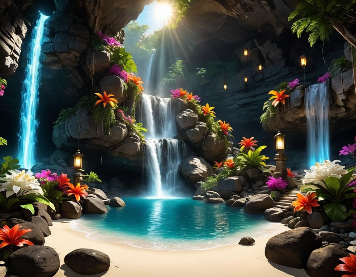 Cave Waterfall with Tropical Flowers
