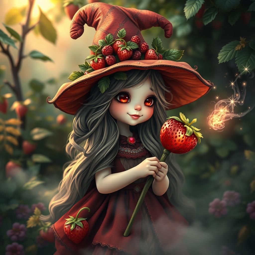Whimsical Strawberry Witch in Magical Setting