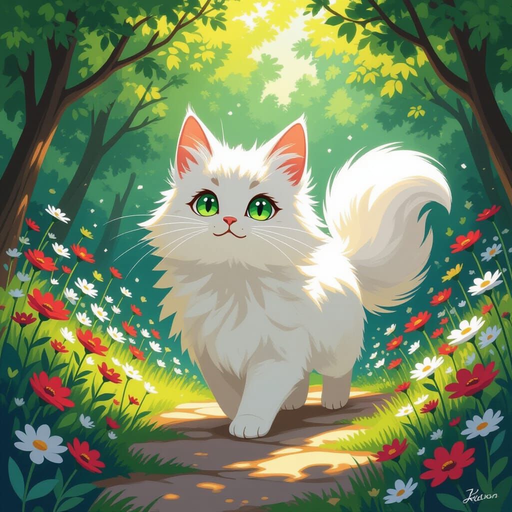 Fantasy Cat in Mystical Garden, Inspired by Studio Ghibli